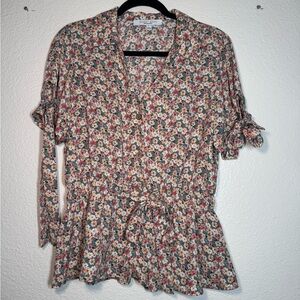 Sweet Rain Floral Tie-Waist Peplum Top - Pink, Cream, Green, Brown